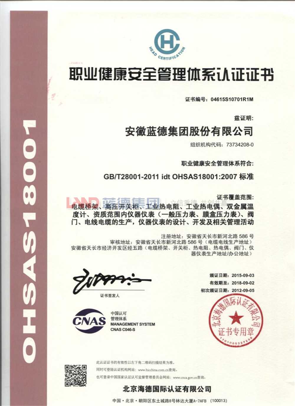 職業(yè)健康安全管理體系認(rèn)證證書(shū)